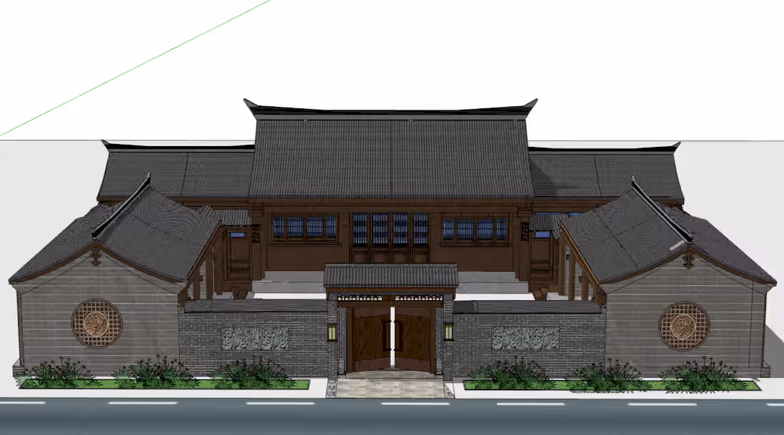 双殿祠堂SU模型｜中轴对称的仿古宗祠建筑设计