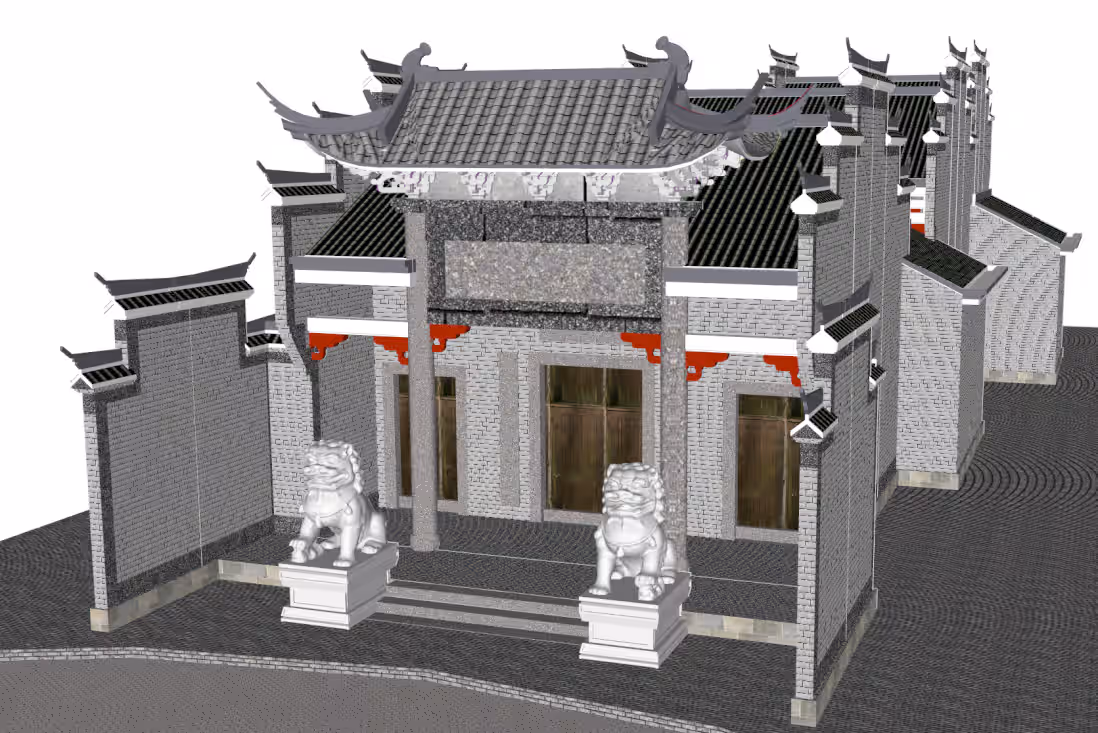 清代祠堂SU模型｜单檐木构仿古院落设计稿
